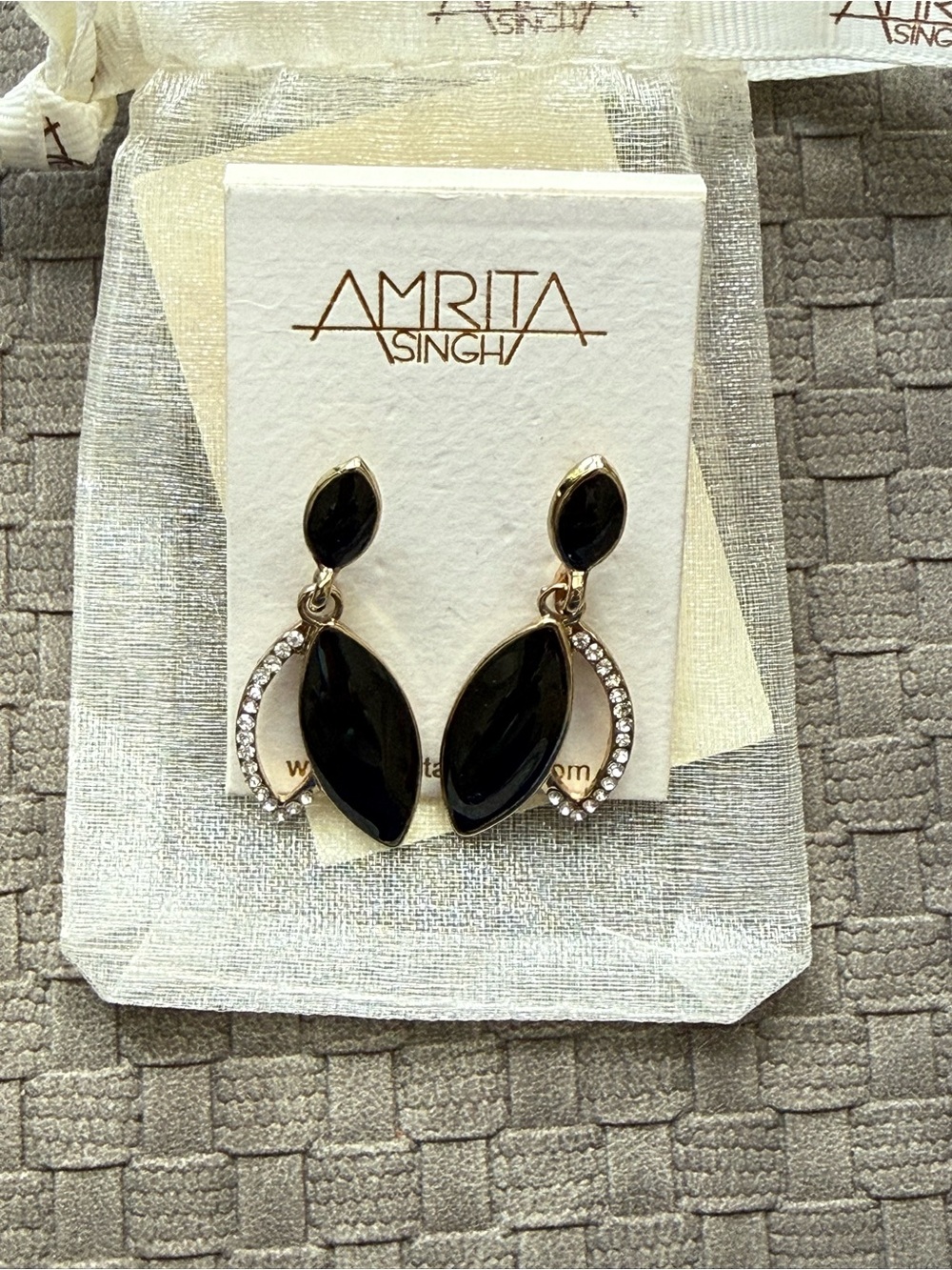 Amrita Singh Black Marquise Drop Earrings with Rhinestone Accents NEW